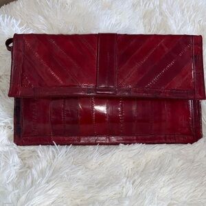 EUC Vintage Bag genuine Eel skin shoulder & clutch bag Dark red magnetic closure